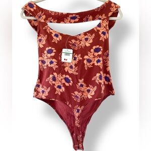 Free People Floral Thong Bodysuit Base Layer Sz L Hippie Flower Child Boho Vibes